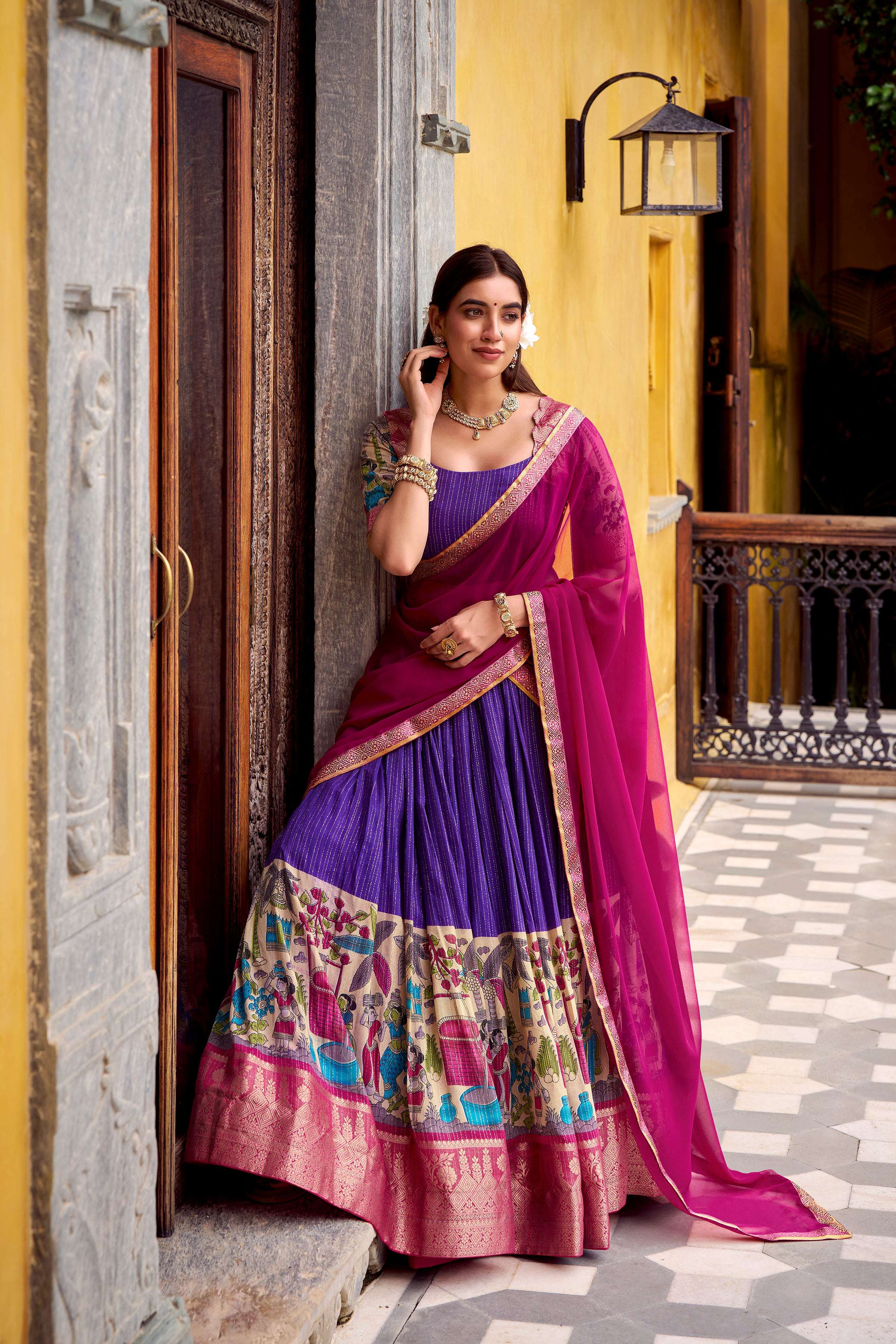 Evanik Purple South Style Kalamkari Print Design Zari Work Unstitched Lehenga Choli - Distacart