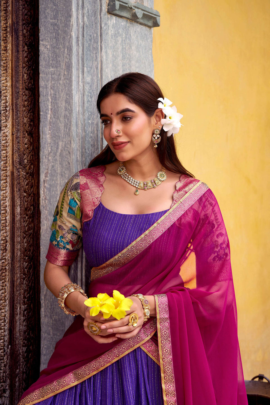 Evanik Purple South Style Kalamkari Print Design Zari Work Unstitched Lehenga Choli - Distacart