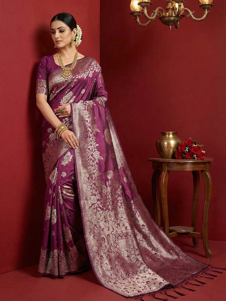 Anaita Purple Silk Blend Woven Saree With Blouse