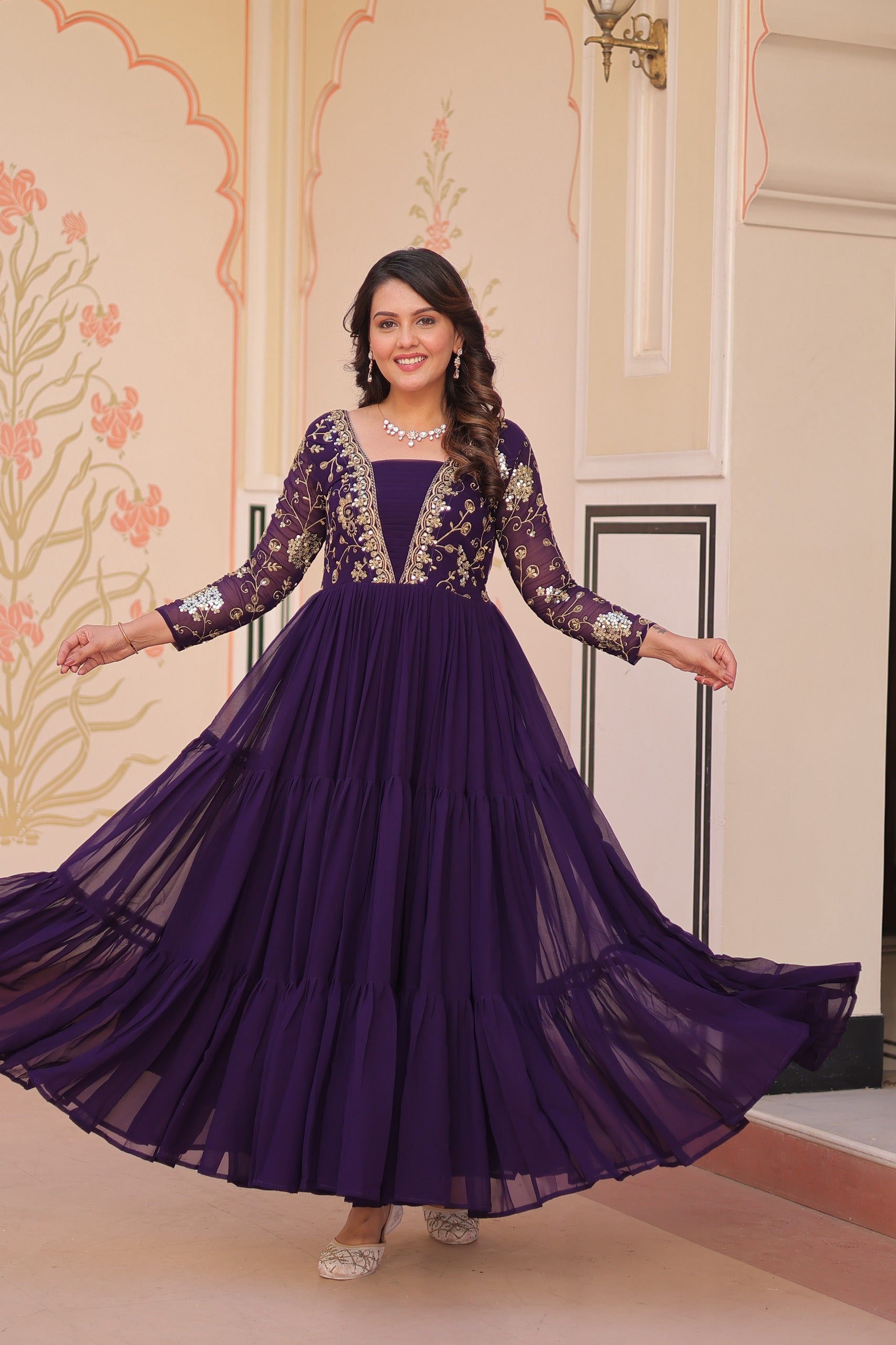 Evanik Purple Faux Blooming With Sequins & Zari Embroidered work Gown - Distacart