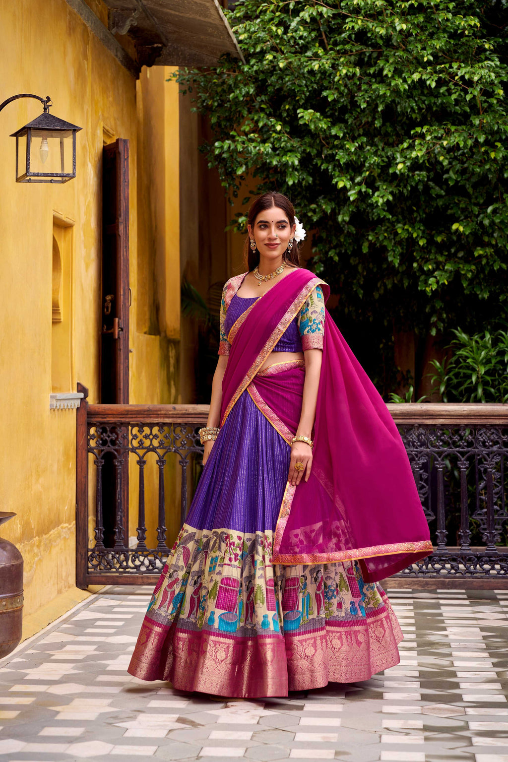 Evanik Purple South Style Kalamkari Print Design Zari Work Unstitched Lehenga Choli - Distacart