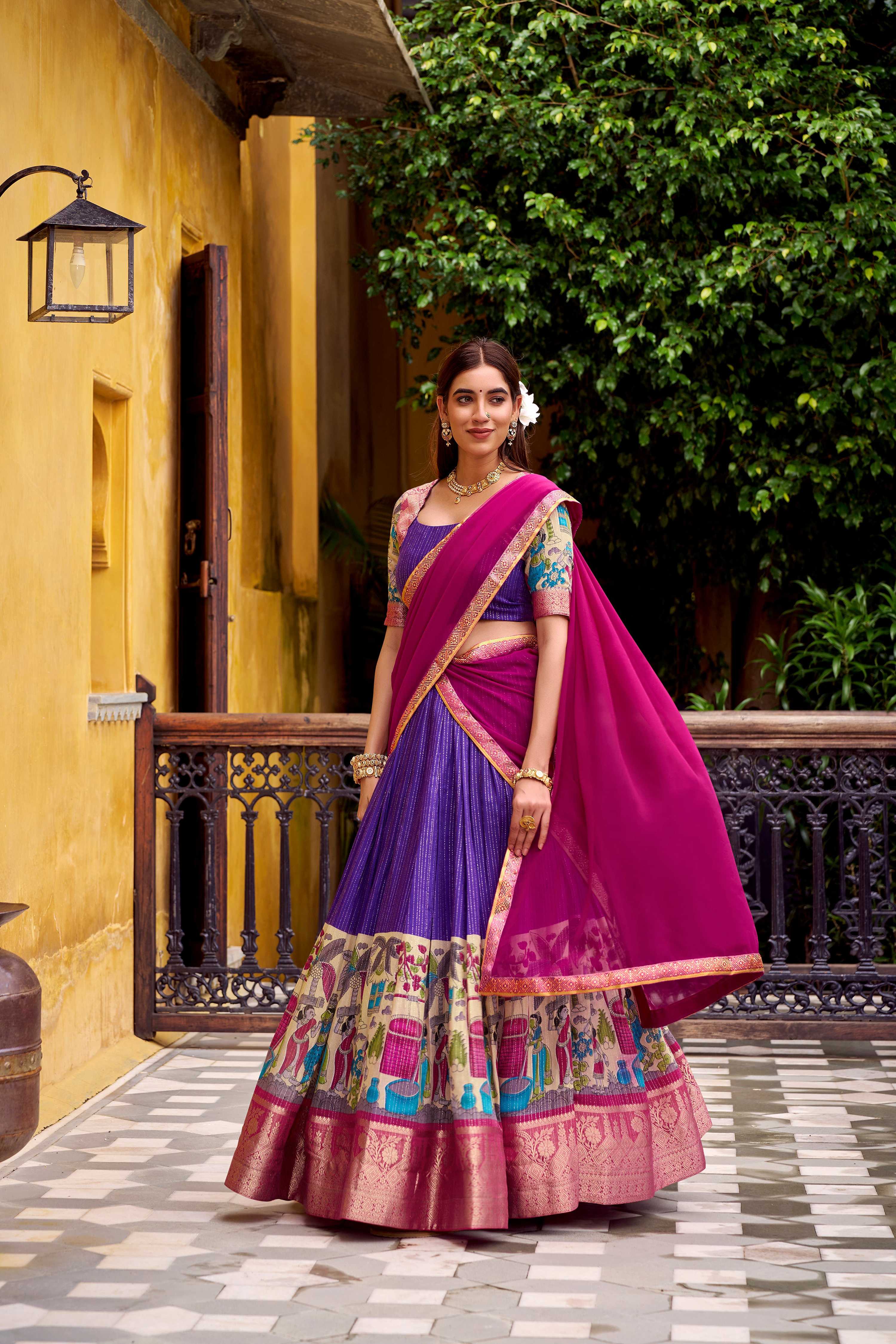 Evanik Purple South Style Kalamkari Print Design Zari Work Unstitched Lehenga Choli - Distacart