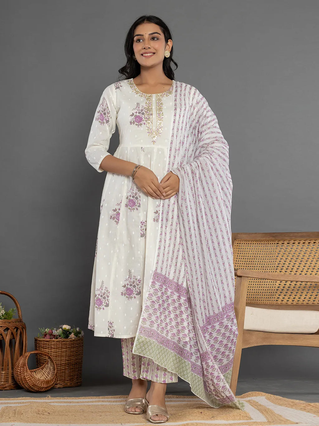 Yufta Purple Gota_Patti Cotton Anarkali Kurta Dupatta Pant Set
