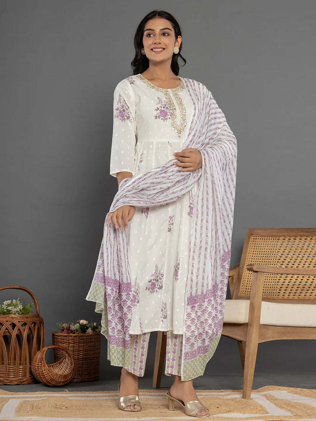 Yufta Purple Gota_Patti Cotton Anarkali Kurta Dupatta Pant Set