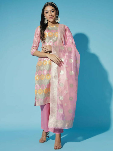 Myshka Women Pink Printed Kurta & Trousers With Dupatta