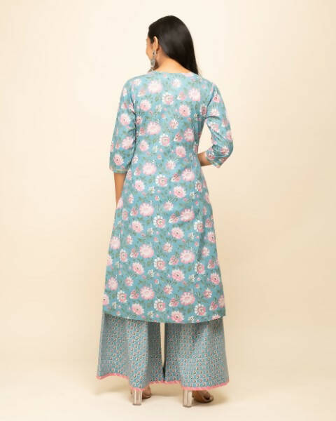 FIORRA Women's Sky Blue Cotton Straight Kurta Palazzo Set With Dupatta