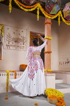 White Viscose Rayon Thread Embroidered with all over mirror work Navratri Lehenga Choli with Dupatta - Raas
