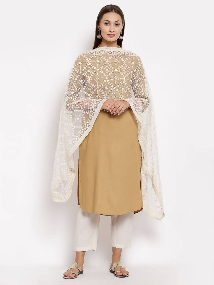 Myshka Women's White Net Solid Casual Dupatta