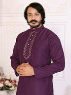 Anaita Purple Silk Straight Kurta With Neck Mirror Work