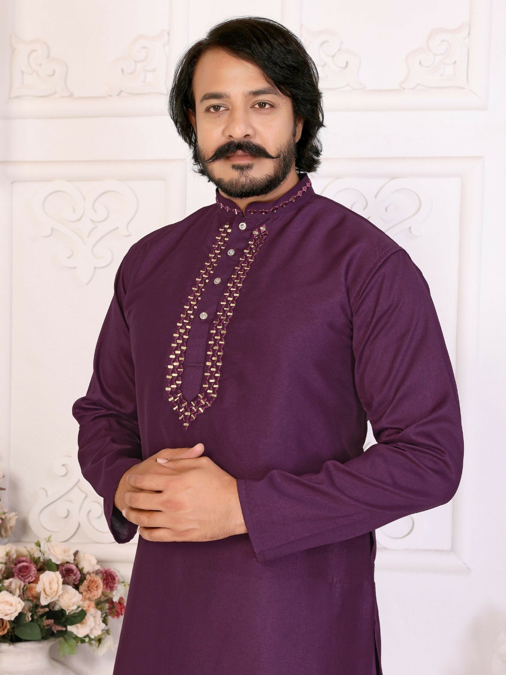 Anaita Purple Silk Straight Kurta With Neck Mirror Work