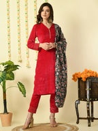 Myshka Women's Pink Velvet Kurta & Trousers With Dupatta Party Sets