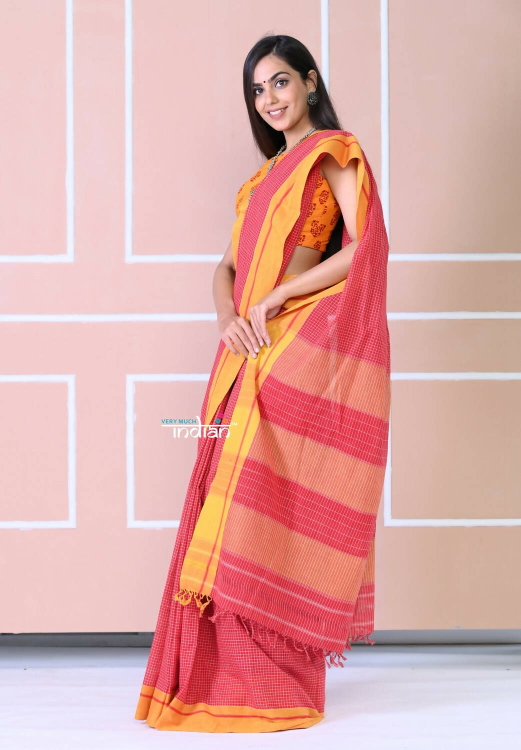 Very Much Indian Traditional Patteda Anchu Ilkal Handloom Saree-Disperse Orange - Distacart