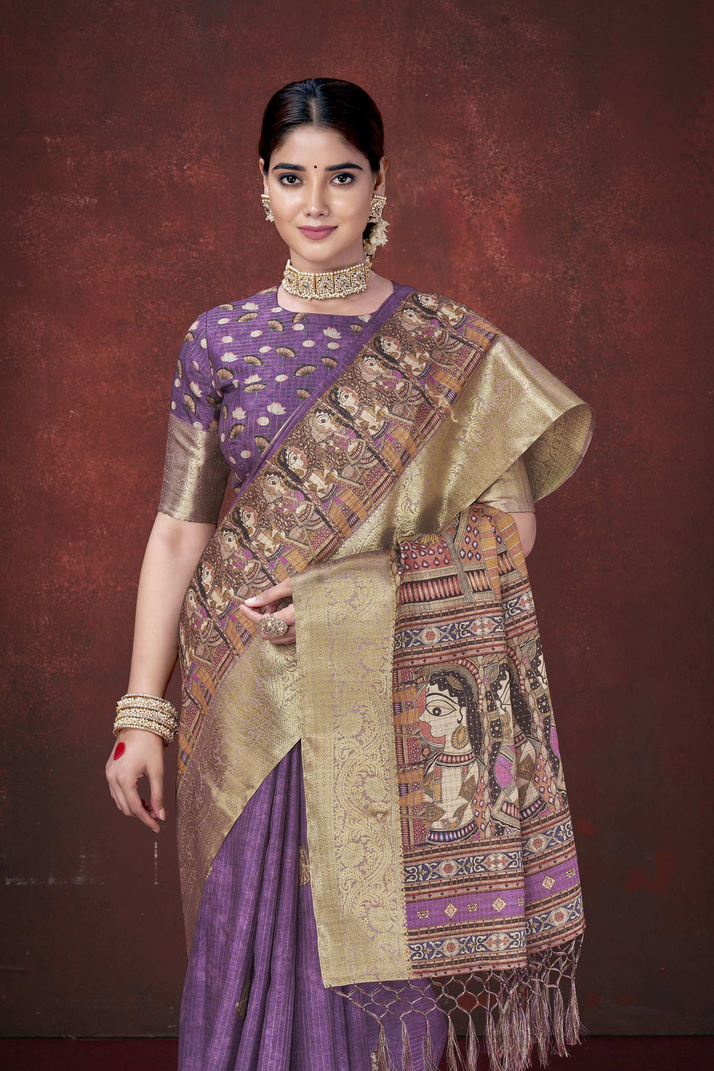 Purple Poly Habotai Silk Foil Print Saree with Unstitched Blouse - Kathari