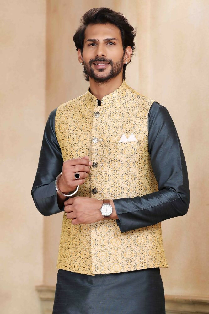 Raivat Ethnic Jacquard Banarasi Silk Woven Work 3 Pics Jacket Set In Beige Colour - Distacart