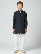 Joban Fashion Kids Island Full Sleeves Texture Cotton Kurta and Pyjama Set - Navy Blue