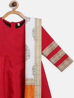 Ahalyaa Red Poly Silk Anarkali Kids Kurta With Dupatta Set For Girls