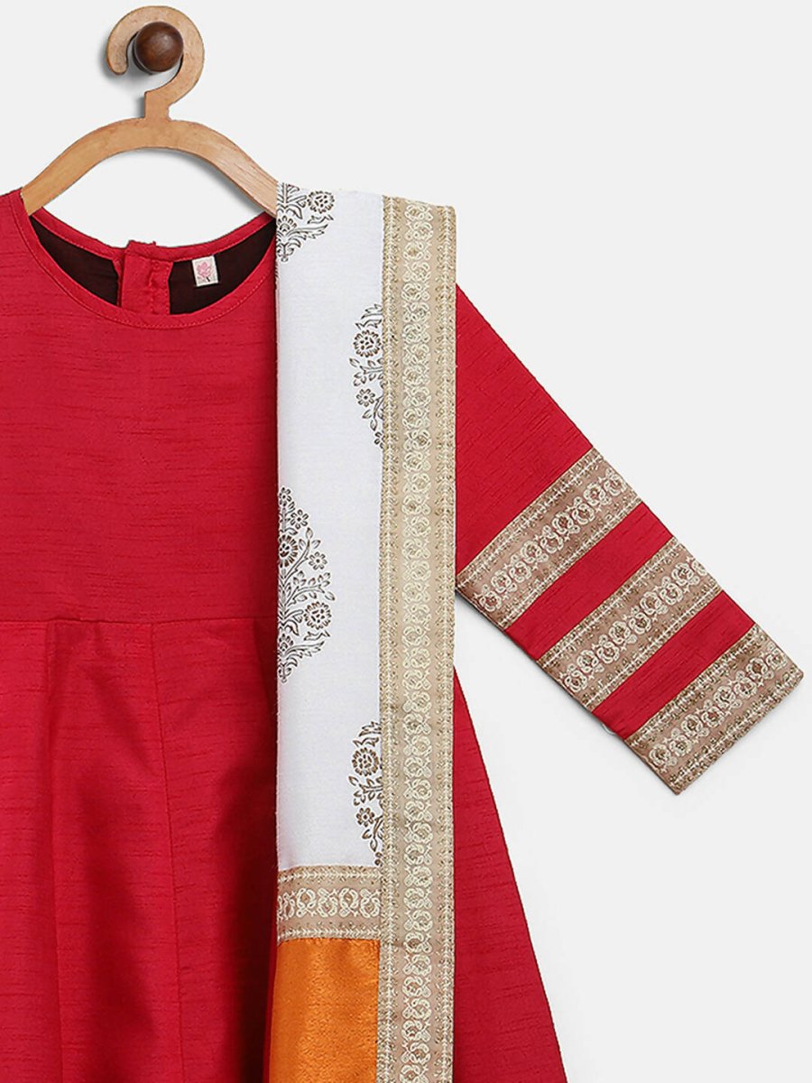 Ahalyaa Red Poly Silk Anarkali Kids Kurta With Dupatta Set For Girls