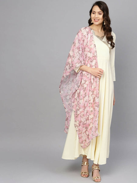 Ahalyaa Women's Cream Crepe kurta With Printed Dupatta Set