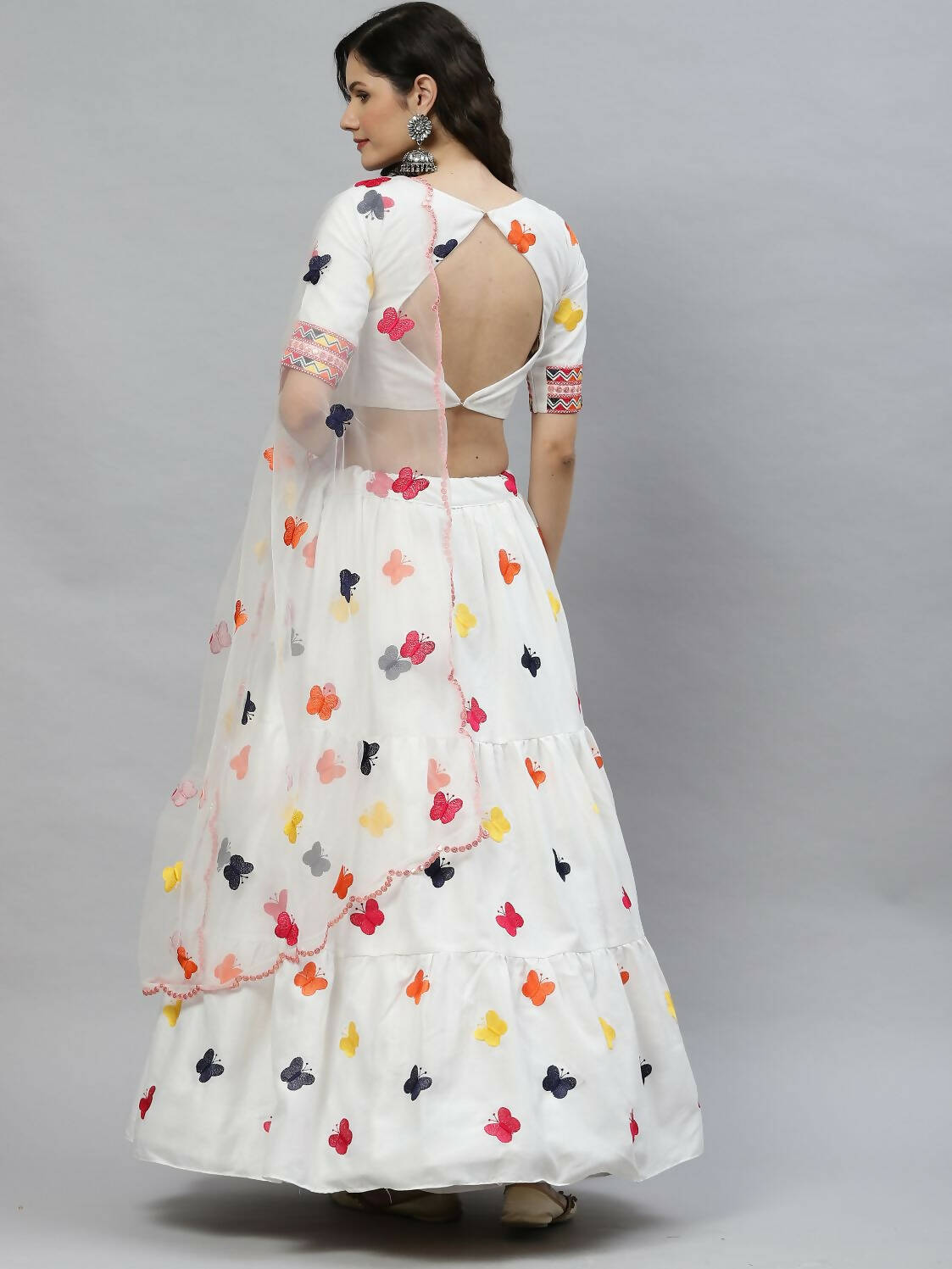 White Cotton Embroidered Work Lehenga Choli with Dupatta - Jivika
