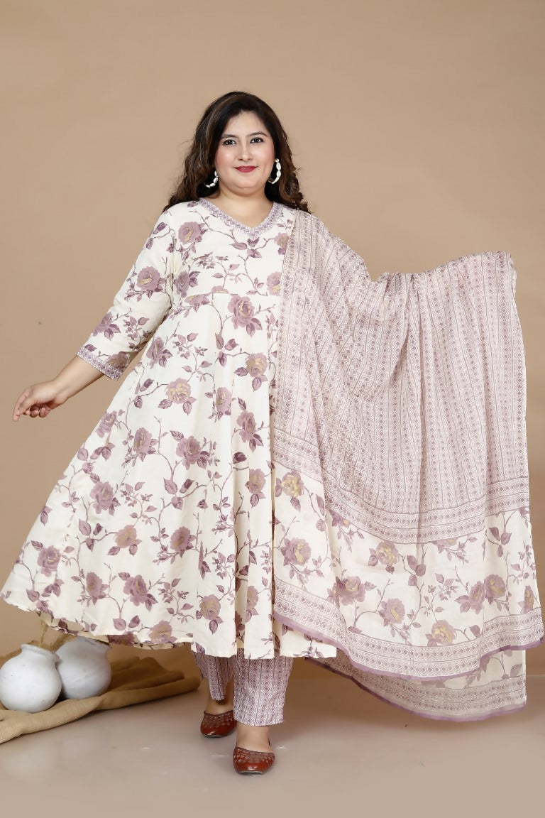 Miravan Women's Plus Size Pink Floral Print Anarkali Kurta With Palazzo & Dupatta Set