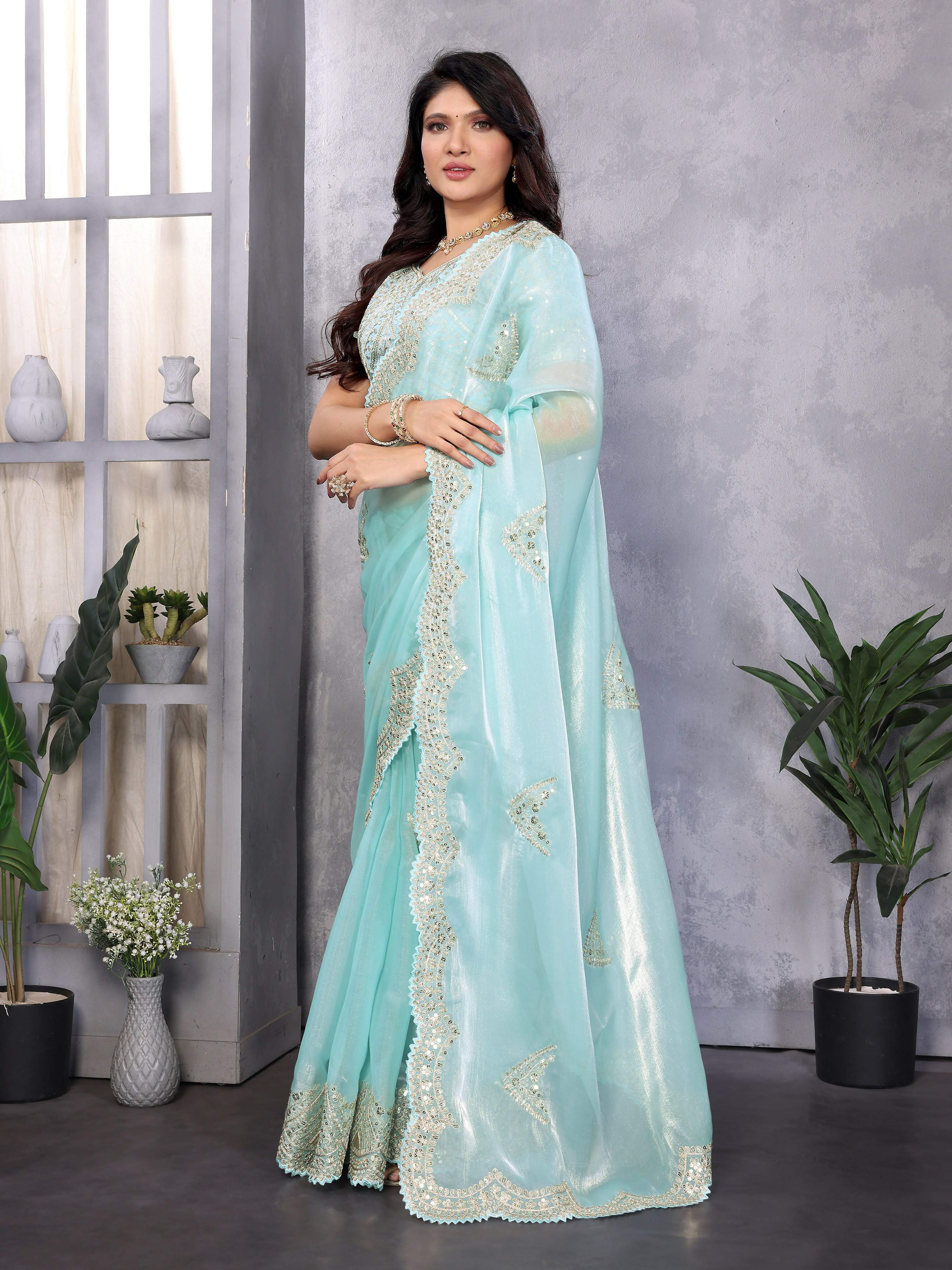 Vastranavya Sky Blue Embroidery Work Shimmer Chiffon Saree with Unstitched Blouse - Distacart