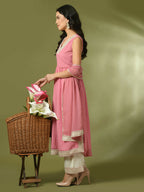 Myshka Women's Pink Solid Georgette Anarkali Party Kurta Set With Dupatta