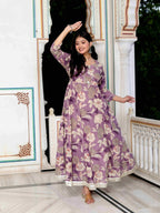 Miravan Women's Purple Flower Printed With Beautiful Lace Border Details Anarkali Kurta