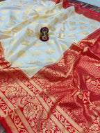 DEIANA'S Beautiful Designer Golden zari Soft Lichi Silk Saree - White