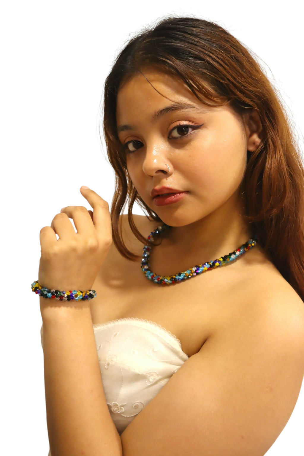 Inhanns Complete Look Crystal Statement 3-Piece Set (Adjustable Necklace + Earrings + Adjustable Bangle ) - Multi Colour