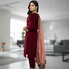 Joban Fashion Maroon Kurta Set Velvet Embroidery Sequence Work - Distacart