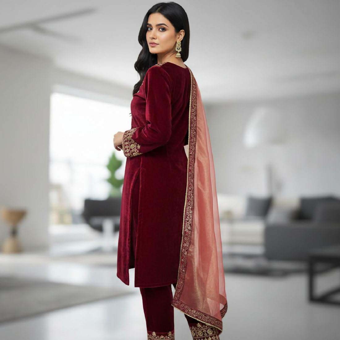 Joban Fashion Maroon Kurta Set Velvet Embroidery Sequence Work - Distacart
