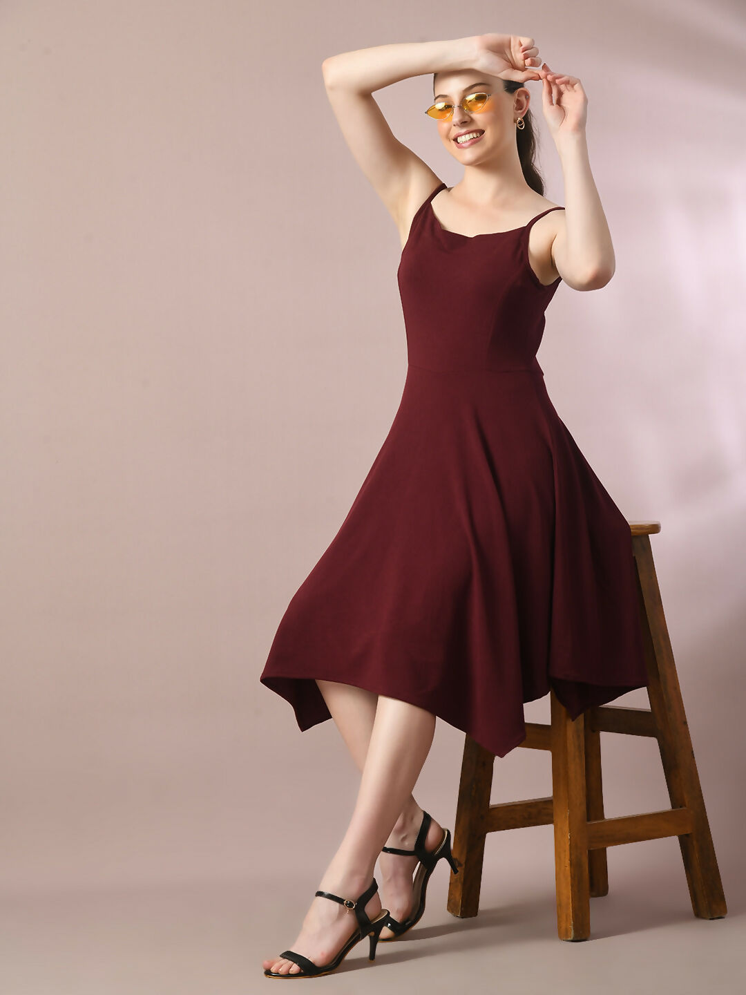 Myshka Women's Maroon Solid Shoulder Straps Fit and Flare Party Dress - Distacart