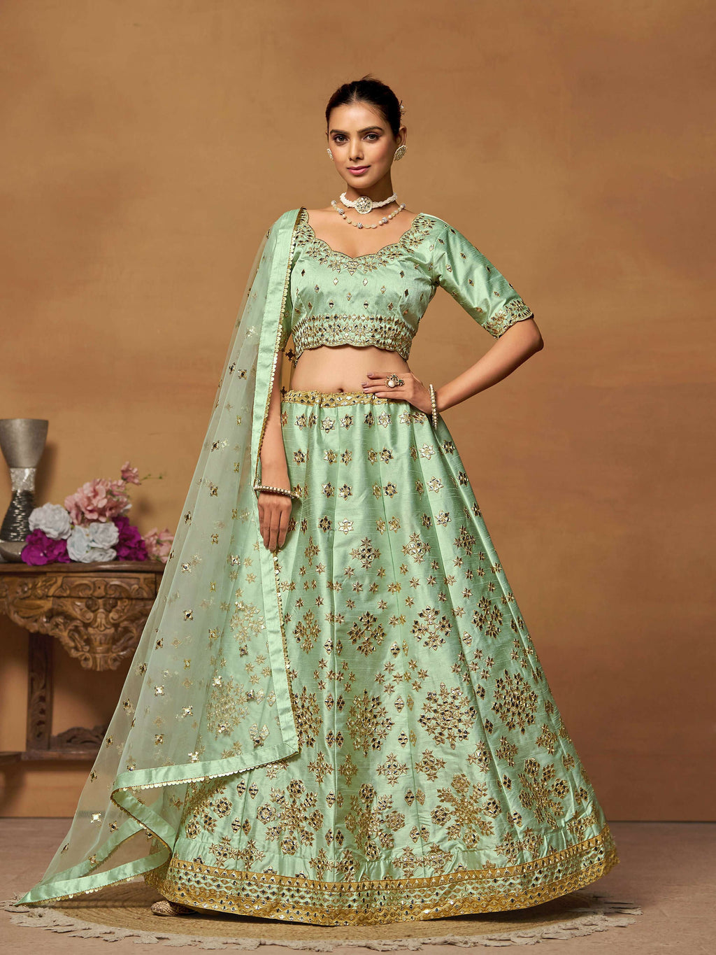Pista Green Mulberry Silk Foil Paper Mirror Work Lehenga Choli - Jihu Culture