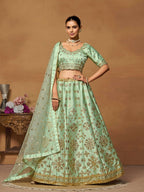 Pista Green Mulberry Silk Foil Paper Mirror Work Lehenga Choli - Jihu Culture