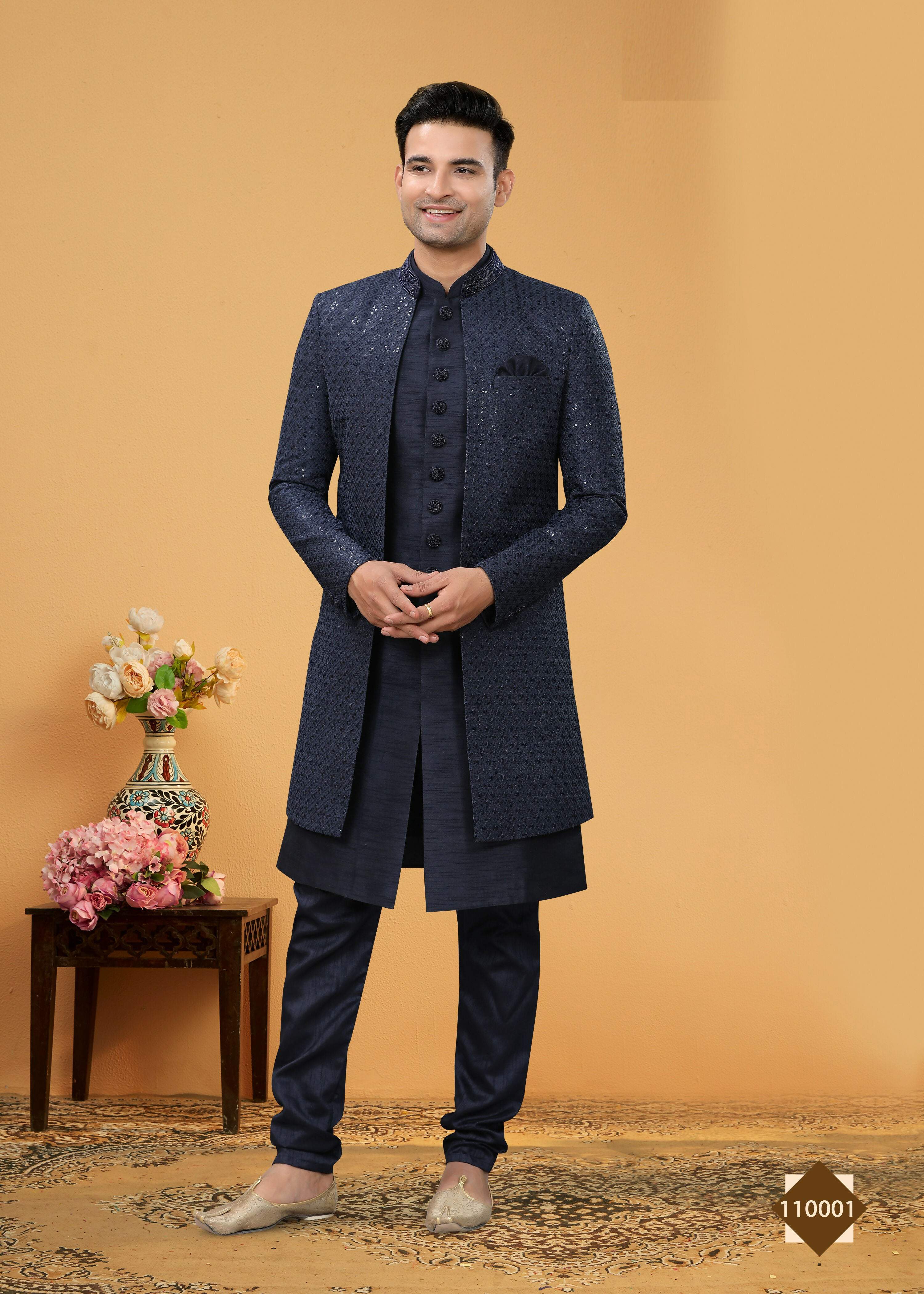 Joban Fashion Men's Navy Blue Art Silk Plain Kurta Pyjama set