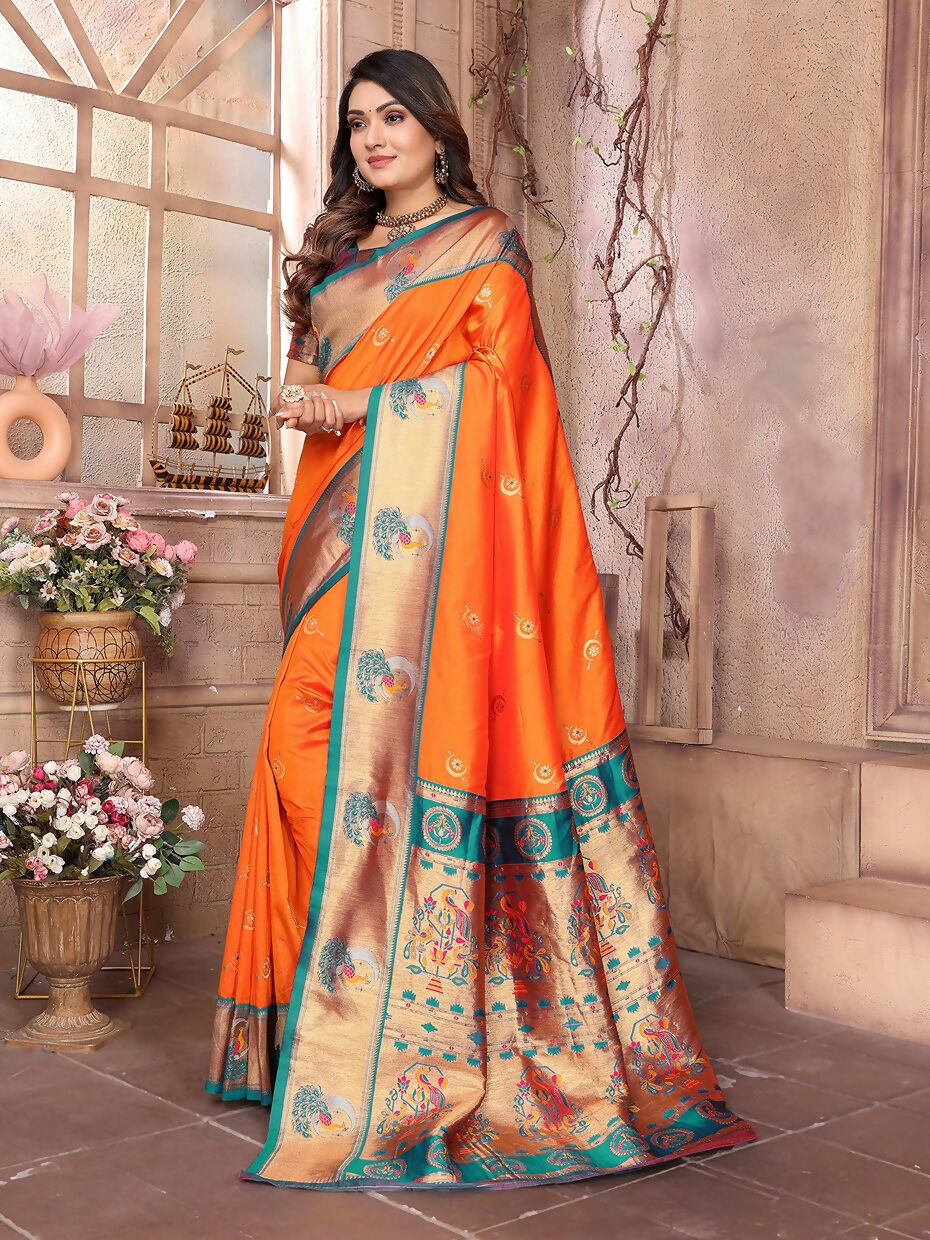 Joban Fashion Paithani Orange Woven Soft Silk Saree - Distacart