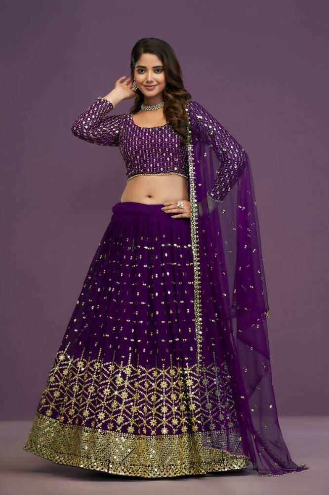 Purple Georgette Embroidery Sequence Work Lehenga Choli Set - Jihu Culture