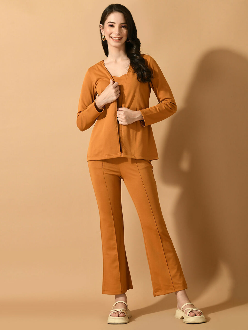Myshka Women's Mustard Solid Coat With Trousers