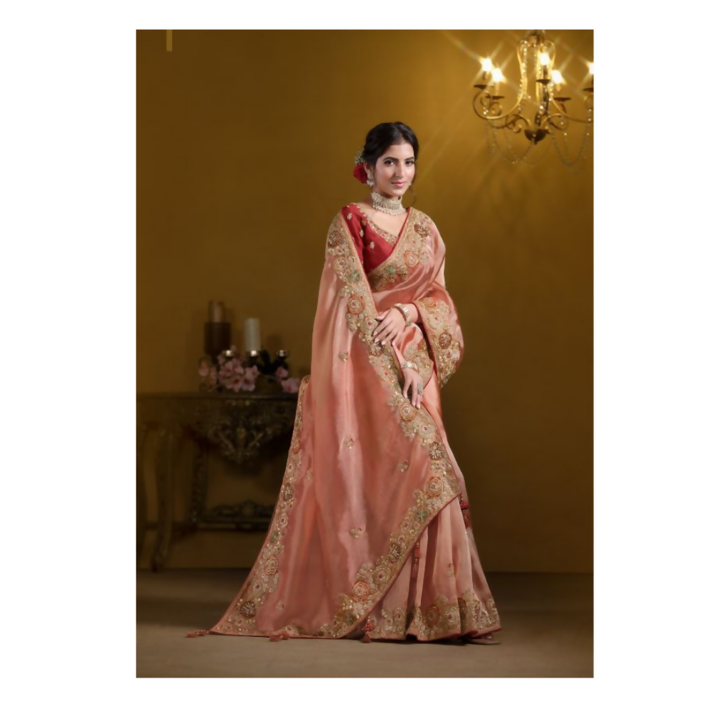 Orange Pure Twill Tissue Pure Khatli work Designer Saree With Blouse. - Rajasvi