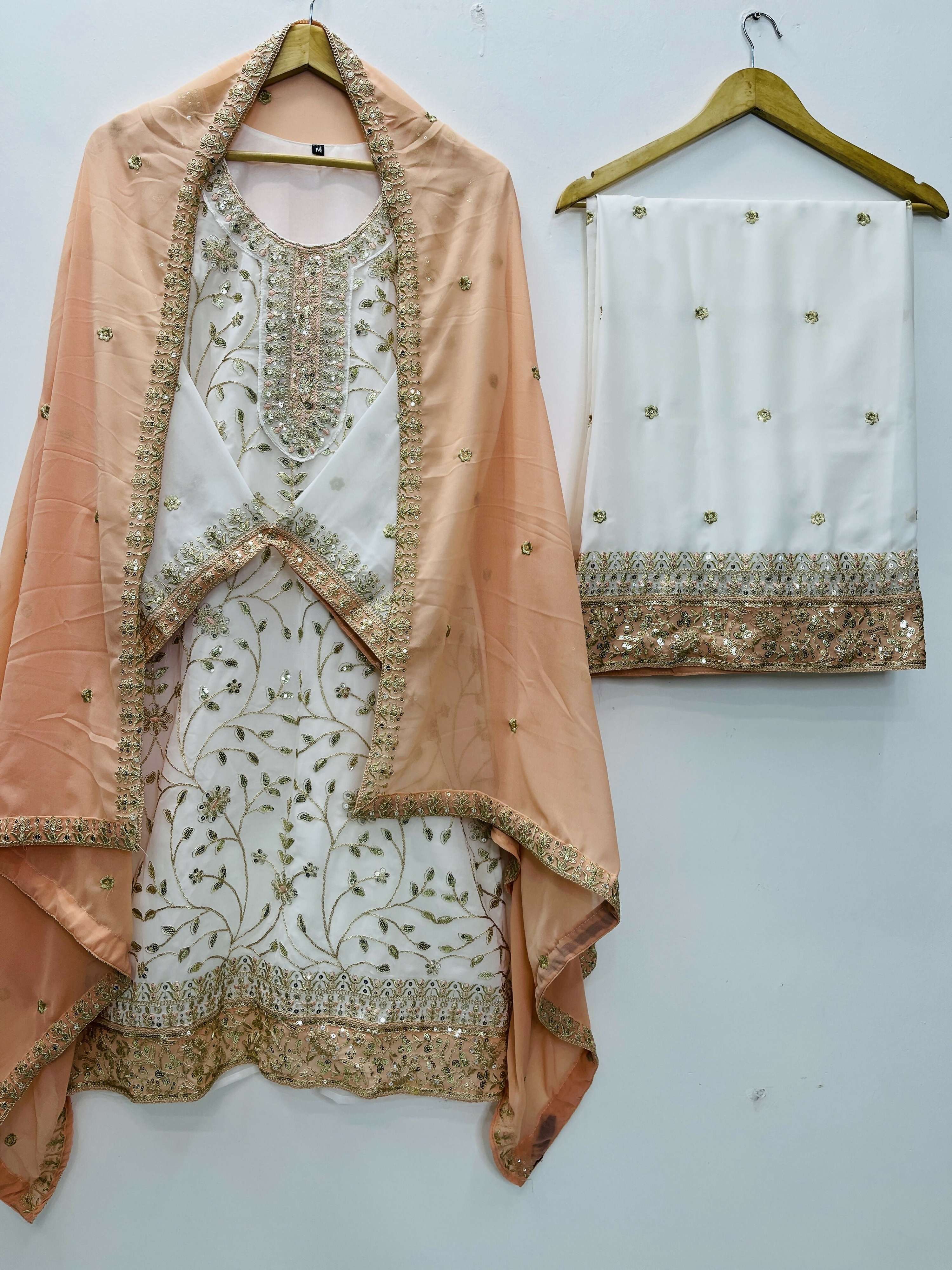Teeya Creation White Color Faux Georgette Embroidery Work Long Party Wear Palazzo Suit - Distacart