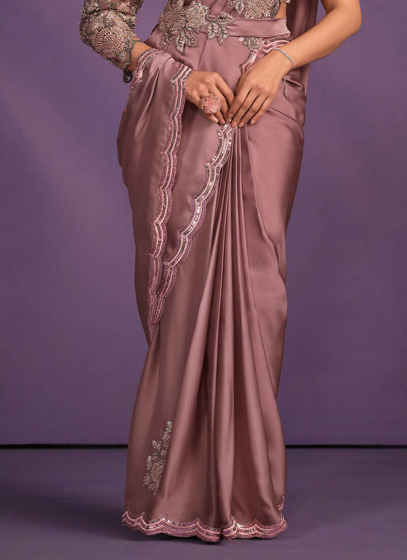 Pyaji Crepe Satin Silk Embroidered Saree With Stitched Blouse - Mohmanthan Exotica