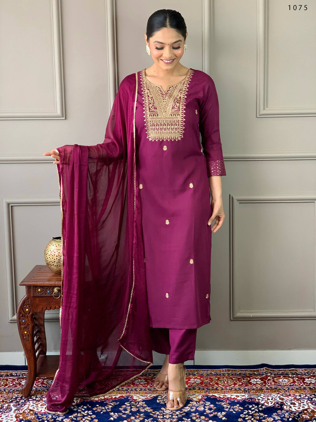 Partywear Designer Rayon Slub Wine Stitched Suit With Dupatta - Tanisha
