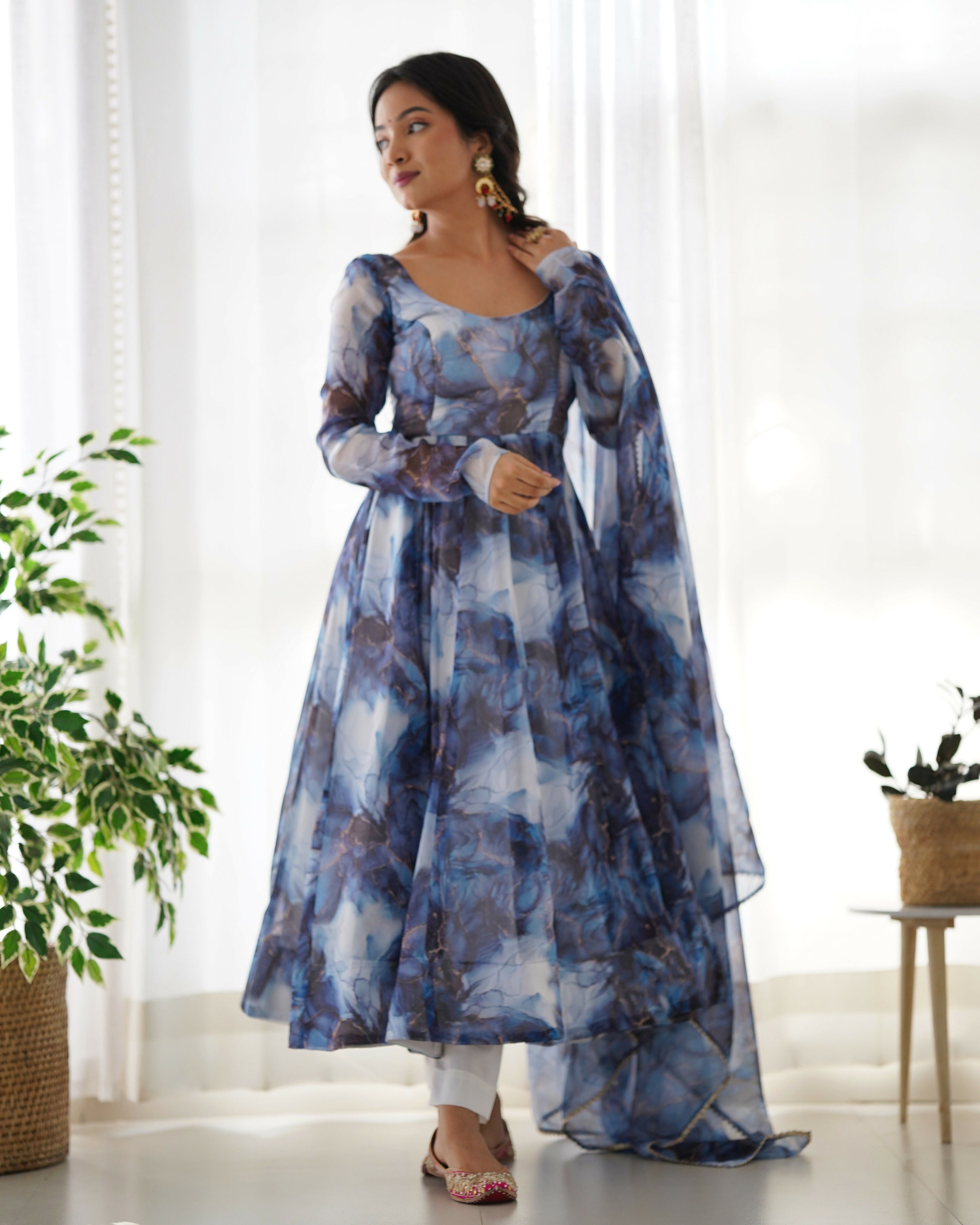 Joban Fashion Navy Blue Kurta Set Organza Sequin Embroidery Work - Distacart
