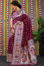 Jyoti Fashion Women's Wine Banarasi Silk Zari Woven Saree with Blouse