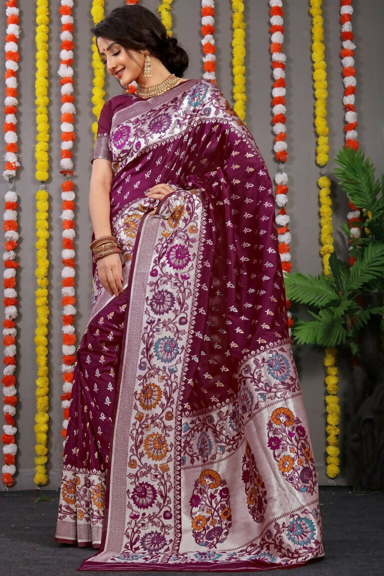 Jyoti Fashion Women's Wine Banarasi Silk Zari Woven Saree with Blouse