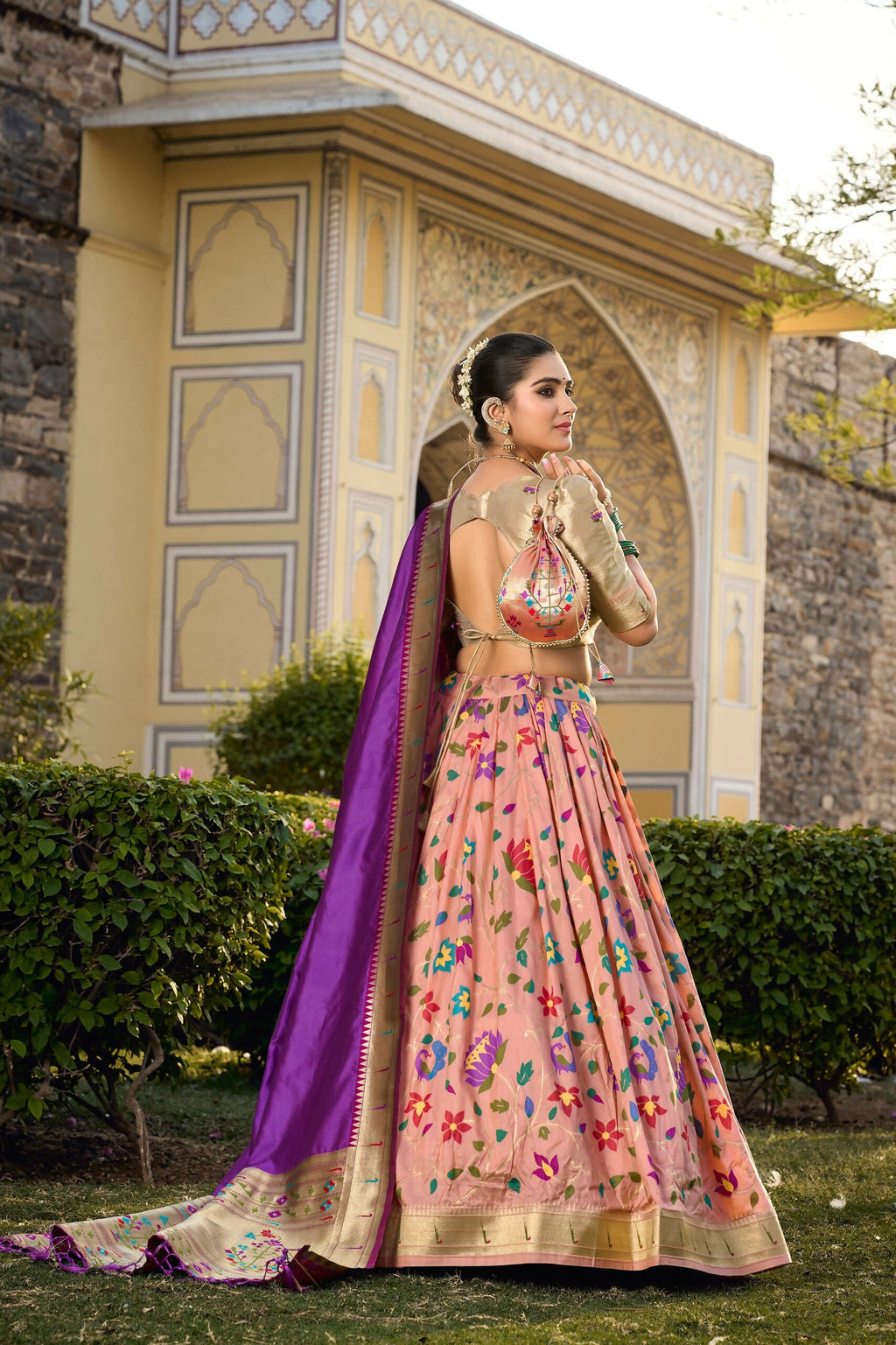Vastranavya Traditional Jacquard Silk Paithani Lehenga Choli - Peach