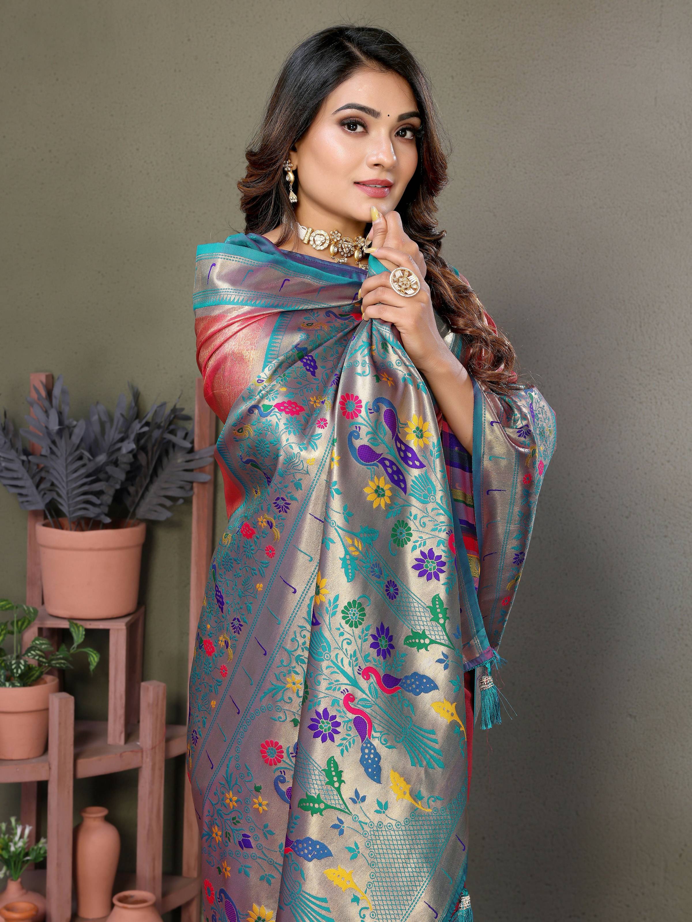 Aastha Fashion Dusty Pink Tissue Silk Paithani Woven Saree - Distacart