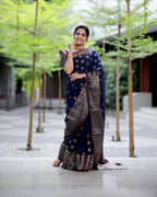 DEIANA'S Beautiful Designer Golden zari Soft Lichi Silk Saree - Navy Blue