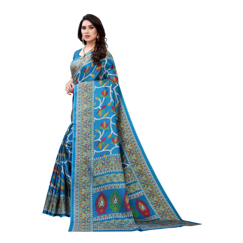 Printed Jute Silk Blue Saree  blouse