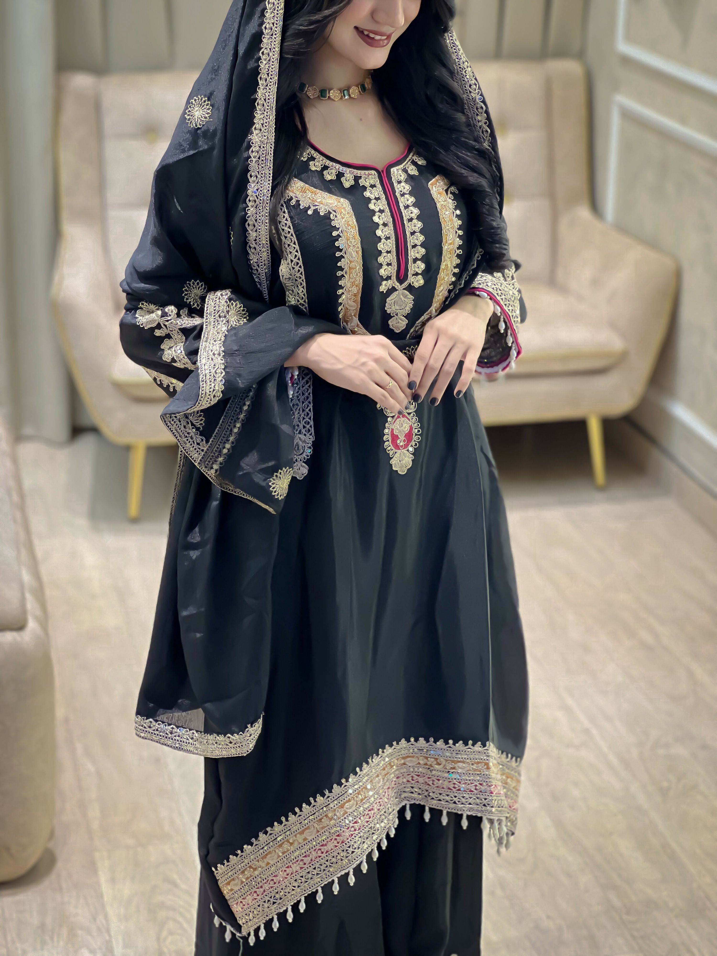 Teeya Creation Black Color Chinon Silk Party Wear Trending Palazzo Set - Distacart